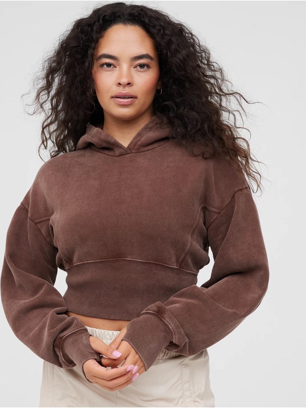 Aerie Throwback Cropped Brown Hooded Sweatshirt
